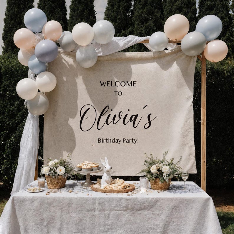 May include: A party scene with a table set for a birthday celebration. A sign reads "Welcome to Olivia's Birthday Party!" with pastel balloons overhead. The table is decorated with flowers, treats, and a decorative bunny.