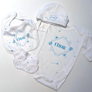 Custom Baby Gift Set – Personalized Onesie, Bib, Socks, and Hat