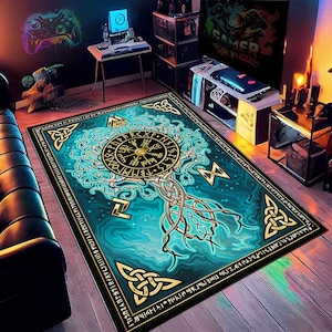 Viking Rug for Living Room, Tree of Life Norse Decor Vikings Area Rugs, Viking Magic Symbol Norse Culture Rug Non-Slip Floor Mat Viking
