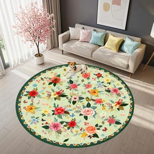 Floral Round Rug, Flower Round Rug, Floral Round Rug, Girls Room Round Rug, Boho Colorful Round Rugs, Classroom Round Rug Washable Carpet