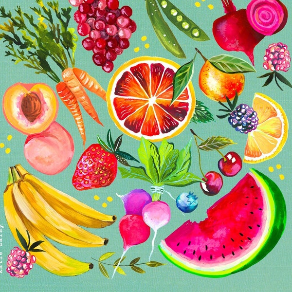 Fruit & Vegetable Art Print | Watercolor and Acrylic Painting | Kitchen Wall Art | Katie Daisy | 8x10 | 11x14