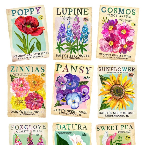 Vintage Seed Packets Art Print | Garden Painting | Katie Daisy | 8x10 | 11x14