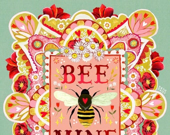 Bee Mine art print | Watercolor Typography | Hand Lettered | Floral Wall Art | Katie Daisy