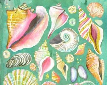 Seashells Art Print | Watercolor Wall Art | Katie Daisy | 8x10 | 11x14