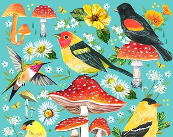 Birds & Mushrooms | Spring Wall art | Watercolor Art  |  8x10 | 11x14