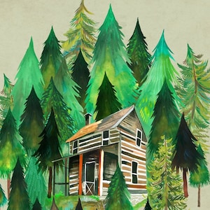 Home in the Forest | Cabin Painting | Watercolor Wall Art | Katie Daisy |  8x10 11x14