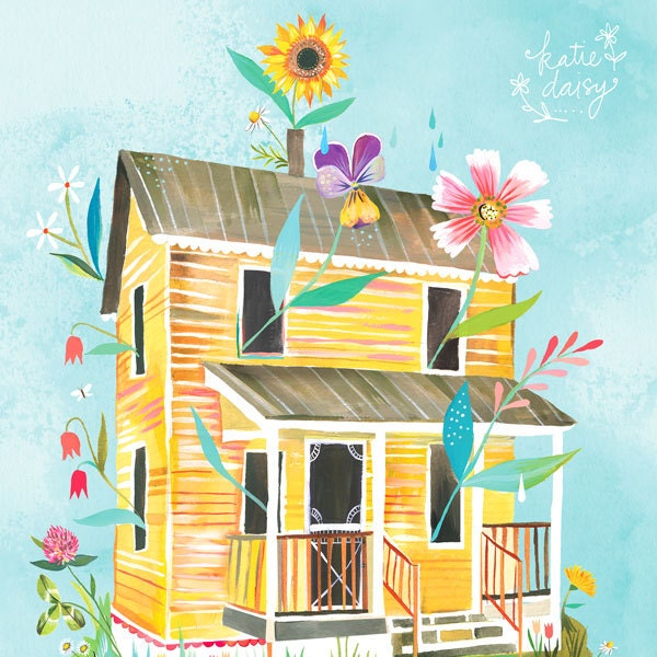 Sunny Yellow Farmhouse Art Print | Country Wall Art | House Painting | Katie Daisy Artwork | 8x10 | 11x14