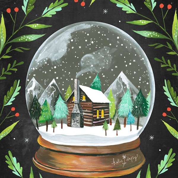 Snow Globe | Holiday Wall Art | Christmas Painting | Katie Daisy Artwork | 8x10 | 11x14