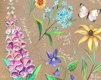 Wildflower Chart on Kraft | Katie Daisy Art | Floral Painting | Wall art | 8x10 | 11x14