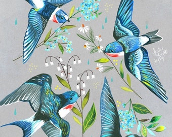Swallows art print | Bird Painting | Katie Daisy | 8x10 | 11x14