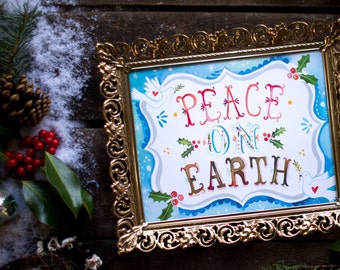 Dove Peace on Earth Art Print | Watercolor Lettering | Christmas Wall Art | Katie Daisy | 8x10