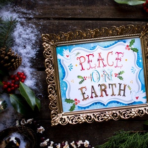 Dove Peace on Earth Art Print | Watercolor Lettering | Christmas Wall Art | Katie Daisy | 8x10