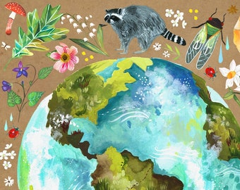 Impresión de arte del planeta Tierra / Arte de la pared de la acuarela / Impresión inspiradora / Globo / Katie Daisy / 8x10 / 11x14
