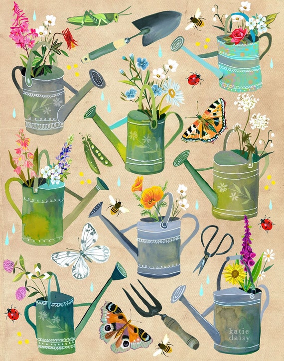 Watering Cans Art Print | Garden Painting | Katie Daisy | 8x10 | 11x14