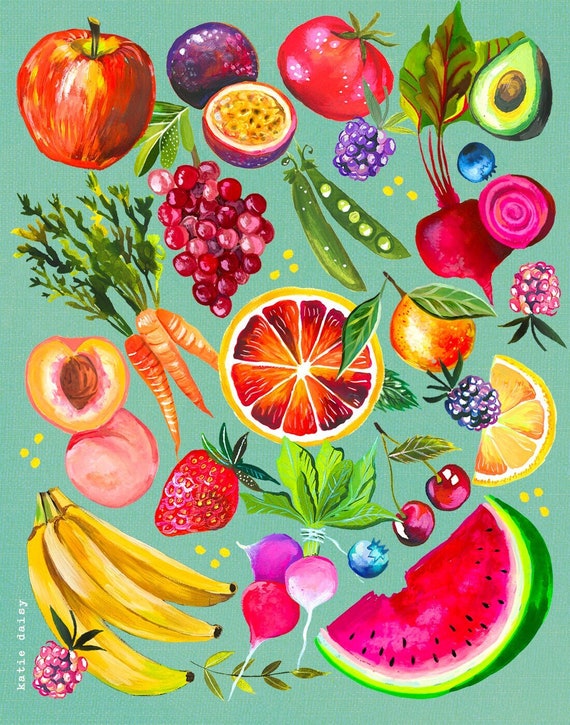 Fruit & Vegetable Art Print | Watercolor and Acrylic Painting | Kitchen Wall Art | Katie Daisy | 8x10 | 11x14