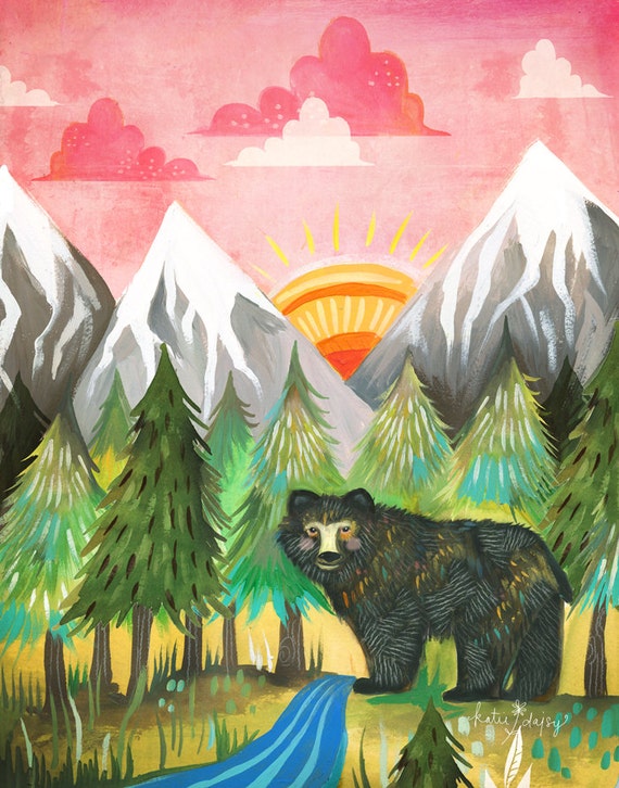 Sunrise Bear Print | Outdoorsy Wall Art | Nursery Decor | Watercolor Painting | Katie Daisy | 8x10