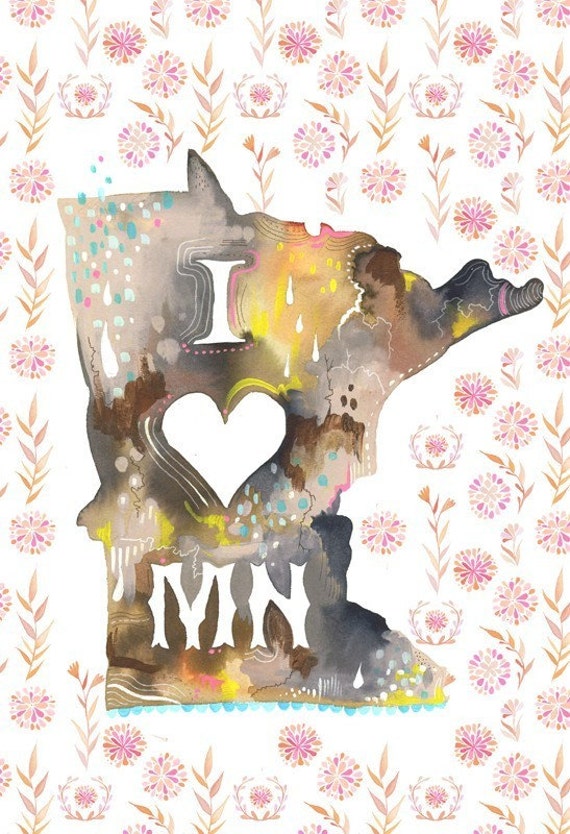 Minnesota State Print | Wall Art | Watercolor Lettering | Katie Daisy | 8x10 | 11x14