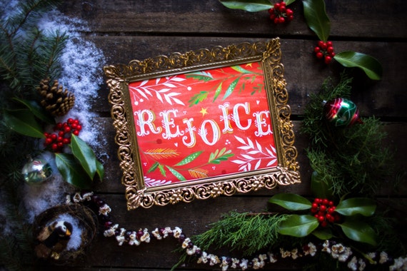 Rejoice Holiday Print | Watercolor Lettering | Christmas Wall Art | Katie Daisy | 8x10