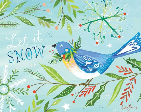 Snowbird Holiday Print | Watercolor Lettering | Christmas Wall Art | Katie Daisy | 8x10