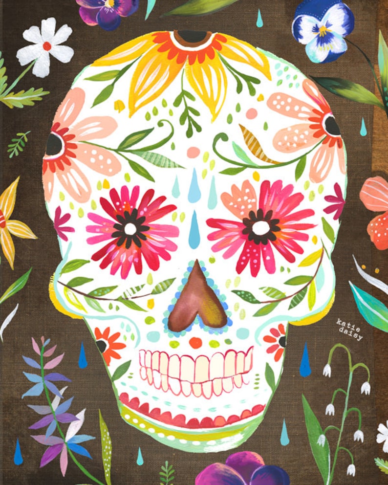 Sugar Skull Art Print Day of The Dead dia de los muertos Watercolor Wall Art Katie Daisy 8x10 11x14 image 1