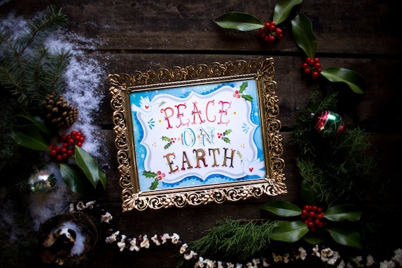 Dove Peace on Earth Art Print | Watercolor Lettering | Christmas Wall Art | Katie Daisy | 8x10
