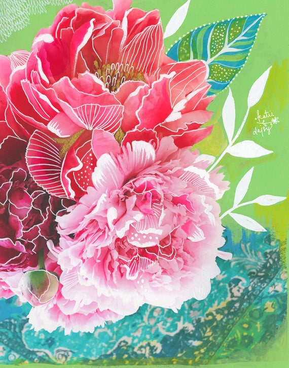 Peonies Art Print | Mixed Media Painting | Floral Photograph | Katie Daisy | 8x10 | 11x14