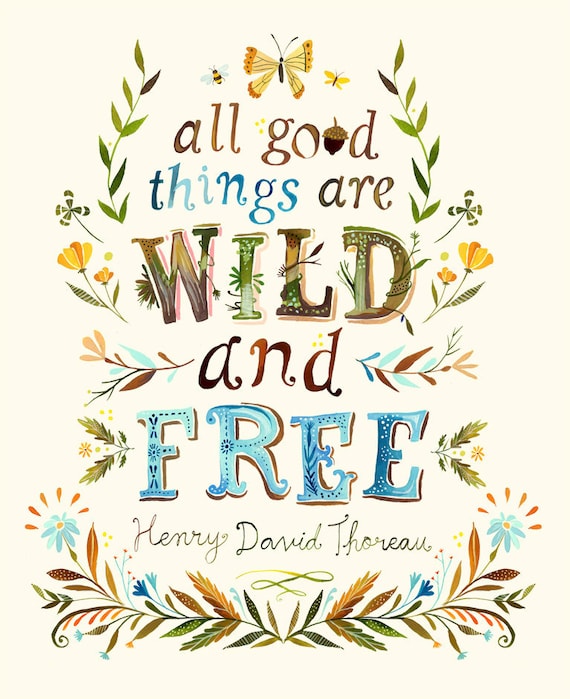 Wild and Free art print | Thoreau Quote | Watercolor Lettering | Hand lettered Nature Wall Art | Katie Daisy