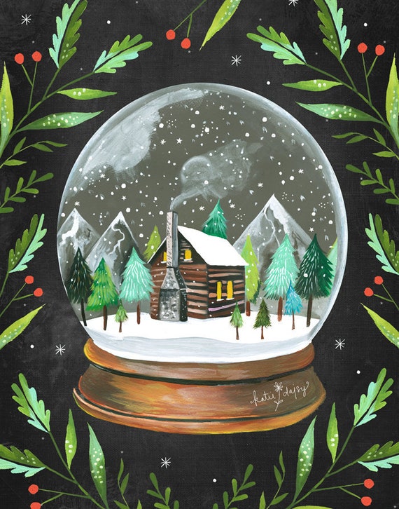 Snow Globe | Holiday Wall Art | Christmas Painting | Katie Daisy Artwork | 8x10 | 11x14