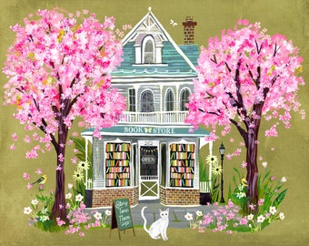 Cherry Blossom Book Shop | Art Print | Katie Daisy Artwork | 8x10 | 11x14