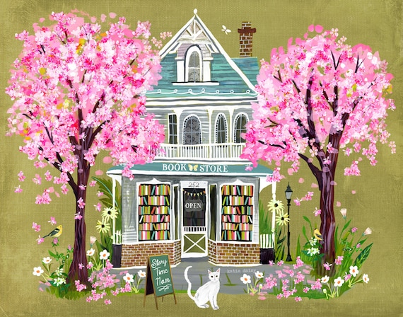 Cherry Blossom Book Shop | Art Print | Katie Daisy Artwork | 8x10 | 11x14