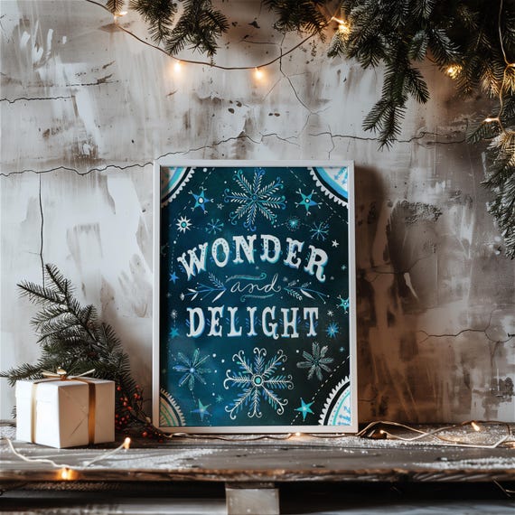 Wonder & Delight Print | Watercolor Lettering | Christmas Wall Art | Katie Daisy | 8x10