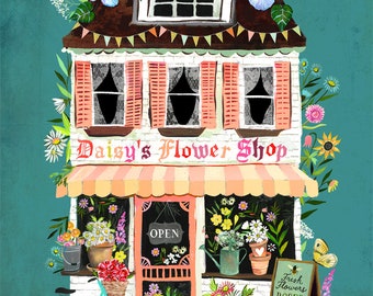 Flower Shop Art Print | Country Wall Art | House Painting | Katie Daisy Artwork | 8x10 | 11x14