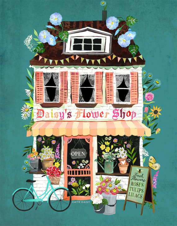 Flower Shop Art Print | Country Wall Art | House Painting | Katie Daisy Artwork | 8x10 | 11x14