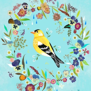 Goldfinch Meadow art print | Mixed Media Wall Art | Bird Painting | Katie Daisy | 8x10 | 11x14