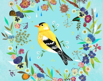 Impression d’art Prairie Chardonneret | Mixed Media Art mural | Peinture d’oiseau | Daisy Katie | 8 x 10 | 11 x 14