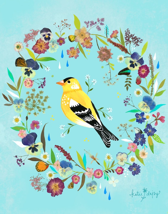 Goldfinch Meadow art print | Mixed Media Wall Art | Bird Painting | Katie Daisy | 8x10 | 11x14