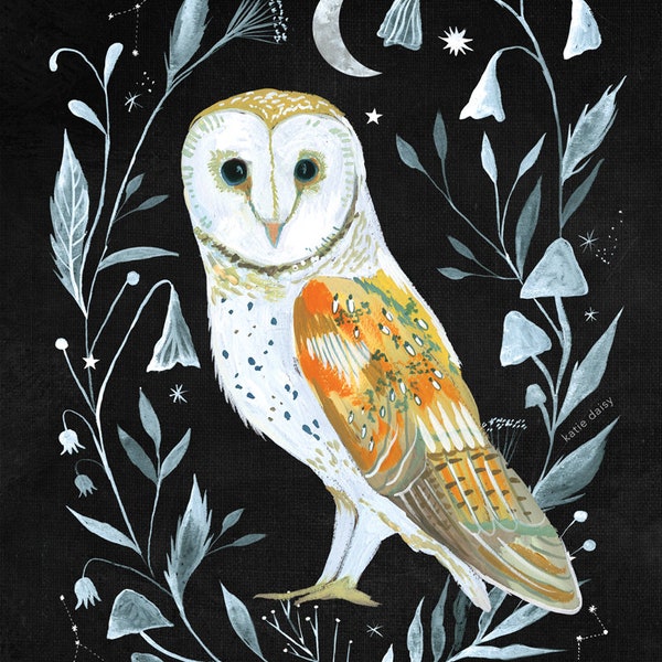 Barn Owl art print | Owl Wall Art |  Nature Print | Katie Daisy Art | 8x10 | 11x14