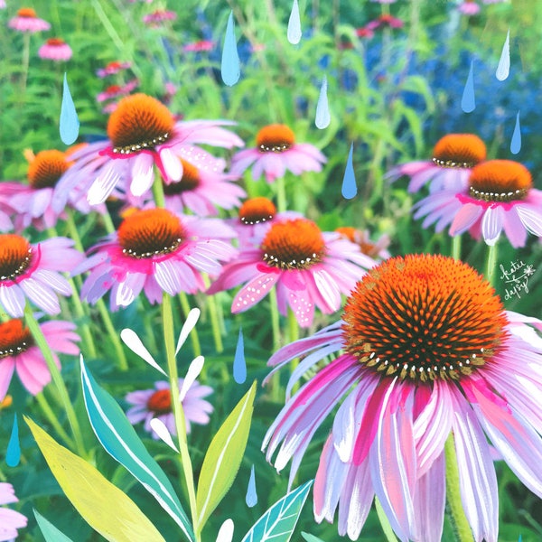 Purple Coneflowers Art Print | Mixed Media Painting | Floral Photograph | Katie Daisy | 8x10 | 11x14