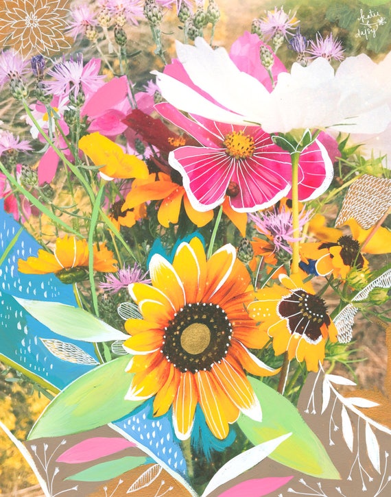 Wildflower Bouquet Art Print | Mixed Media Painting | Floral Photograph | Katie Daisy | 8x10 | 11x14