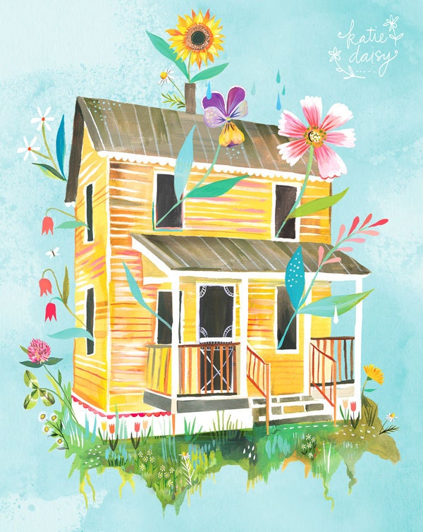Sunny Yellow Farmhouse Art Print Country Wall Art House Painting Katie Daisy Artwork