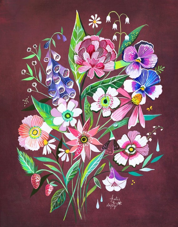 Burgundy Bouquet | Wildflower Art Print | Floral Wall Art | Katie Daisy | 8x10 | 11x14