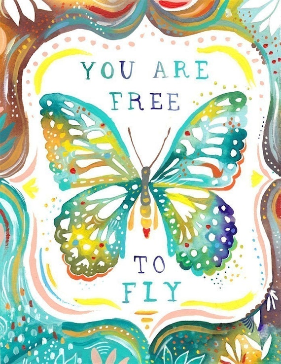 Free To Fly Art Print | Watercolor Quote | Inspirational Wall Art | Butterfly | Katie Daisy | 8x10 | 11x14