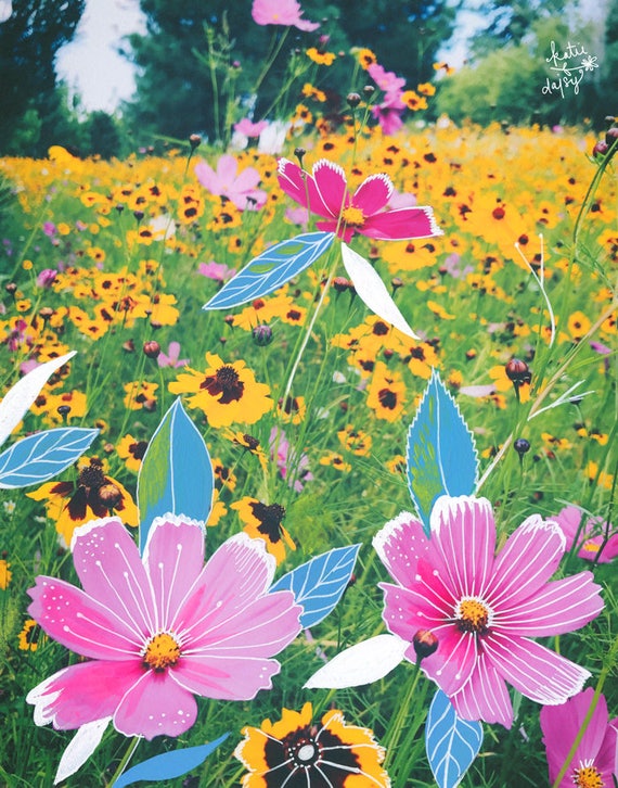 Cosmos Art Print | Mixed Media Painting | Floral Photograph | Katie Daisy | 8x10 | 11x14