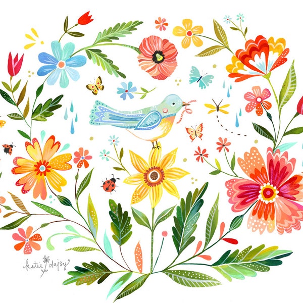Impression d'art de jardin magique Art de mur d'aquarelle Impression horizontale Floral ( Katie Daisy - France 8x10 - France 11x14