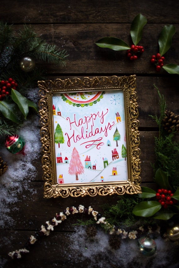 Happy Holidays Print | Watercolor Lettering | Christmas Wall Art | Katie Daisy | 8x10