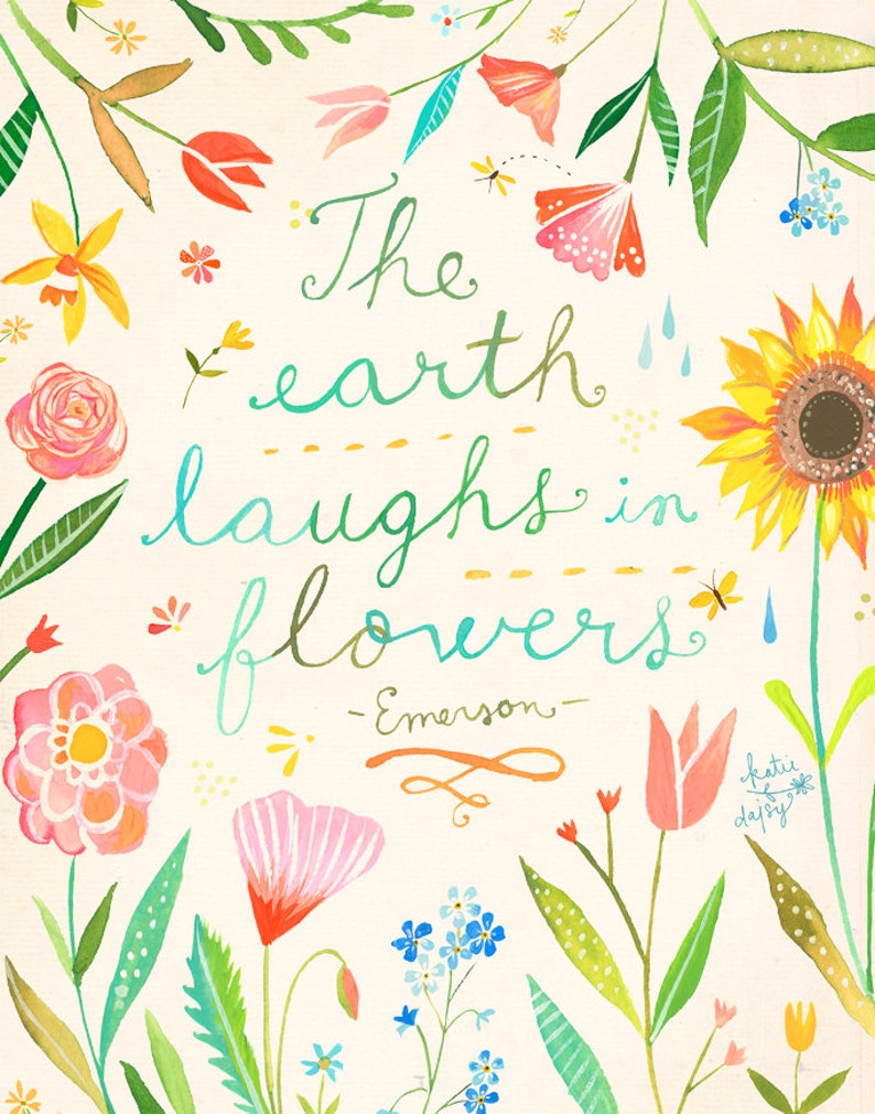 The Earth Laughs in Flowers Watercolor Quote Emerson Quote Etsy