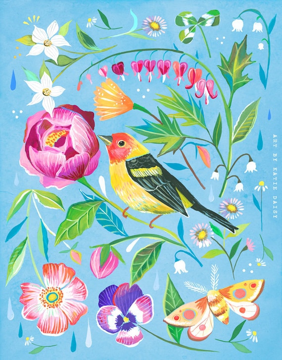 Western Tanager art print | Floral Artwork | Bird Painting | Katie Daisy | 8x10 | 11x14