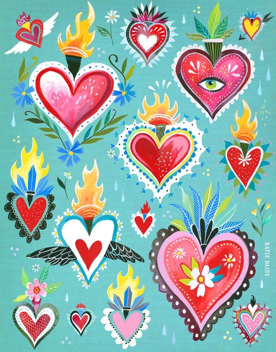 Hearts Aflame | Art Print | Wall Art | Folk Art| Love Painting | Katie Daisy | 8x10 | 11x14