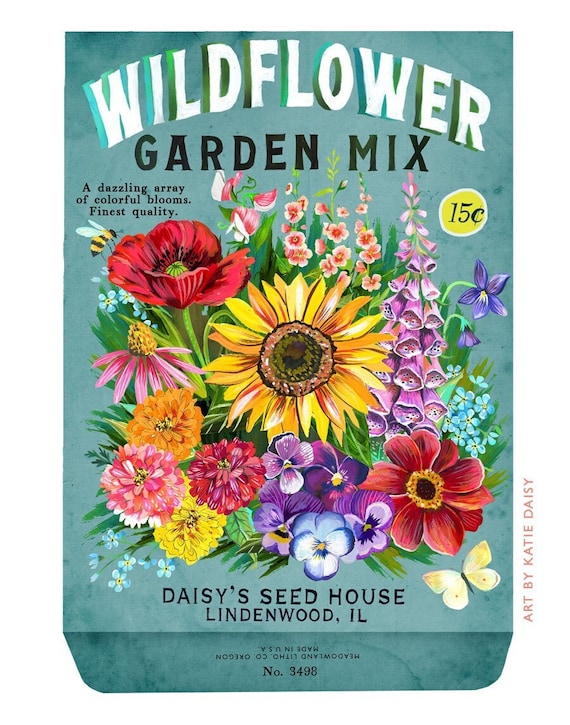 Garden Mix Seed Packet Art Print | Garden Painting | Katie Daisy | 8x10 | 11x14