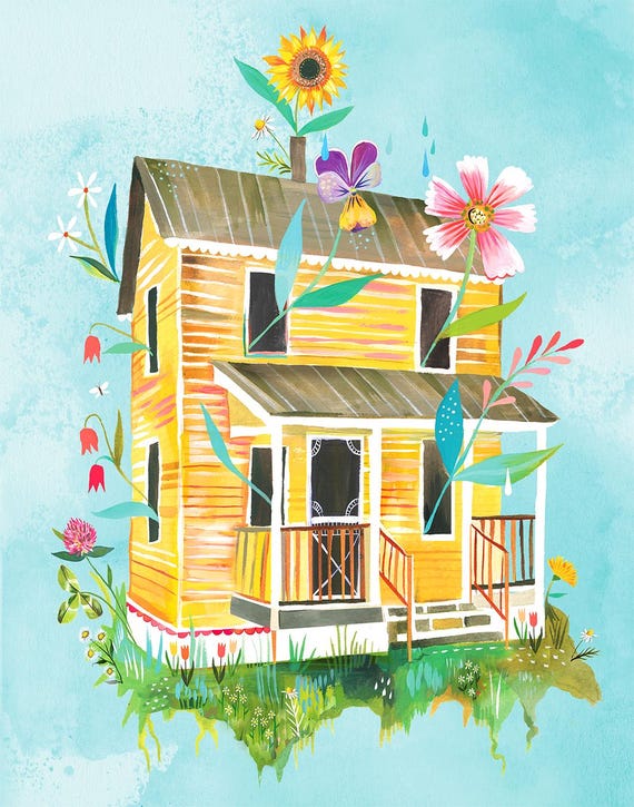 Sunny Yellow Farmhouse Art Print | Country Wall Art | House Painting | Katie Daisy Artwork | 8x10 | 11x14